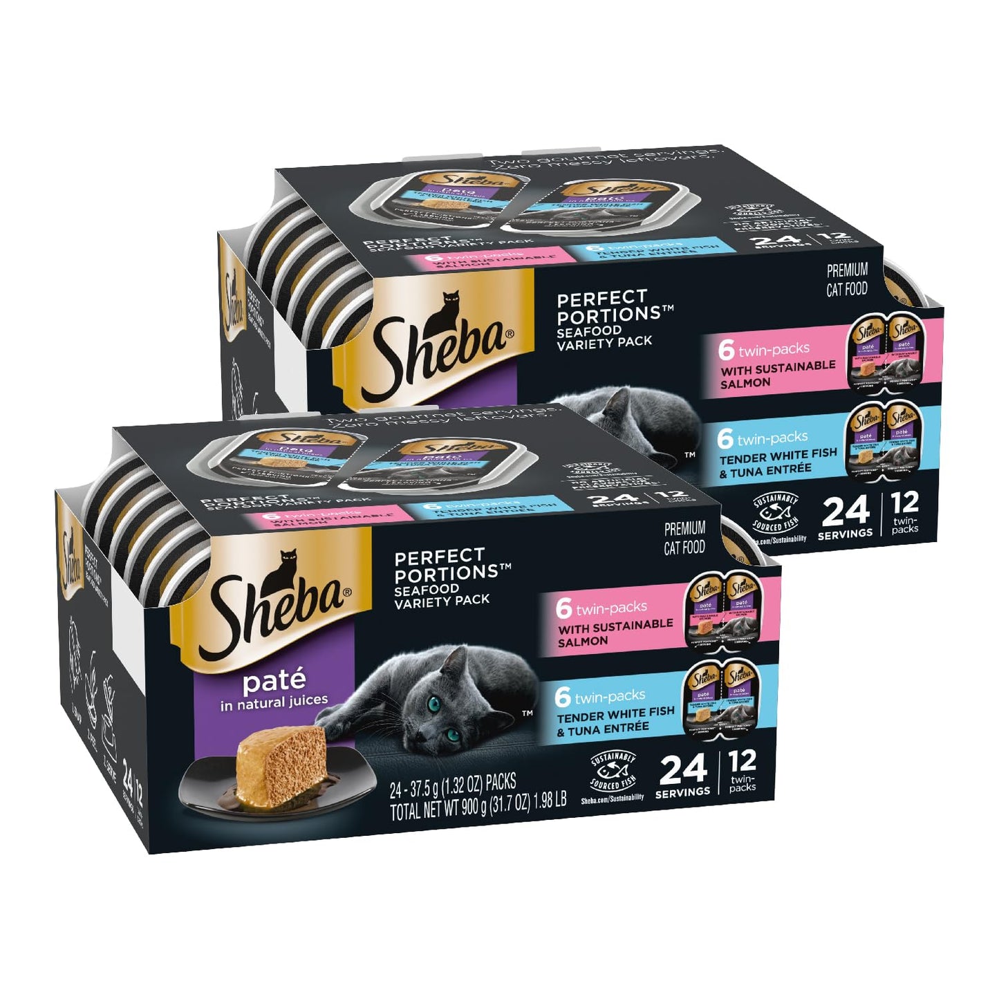 Sheba Perfect Portions Wet Cat Food Pate, Sustainable Salmon and Tender Whitefish & Tuna Entree, Cat Food Wet Recipe Variety Pack, 2.6 oz. Twin-Pack Trays (12 Count, 24 Servings) (Pack of 2)