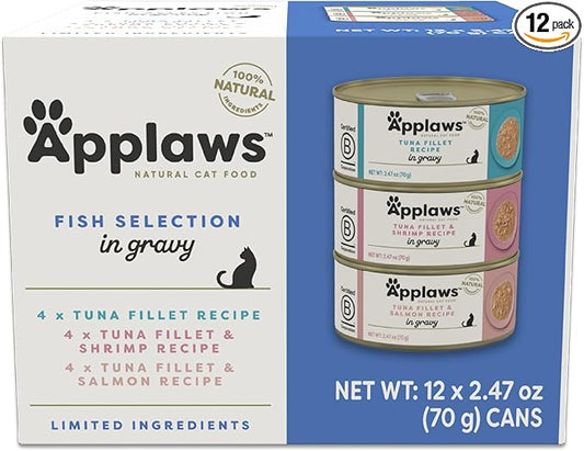 Applaws Natural Wet Cat Food in Gravy, Limited and Natural Ingredients, High Protein with No Artificial Additives, Fish Selection Variety Pack in Gravy (12 x 2.47oz Cans)