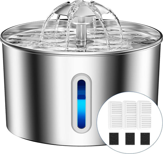 Cat Water Fountain Stainless Steel - 74oz/2.2L Automatic Large Pet Watering Bowl Dispenser for Indoor Dogs - Drinking Fountains with 3 Filter, Gifts for Cats and Kitty - Dog Waterer Bowls No Spill