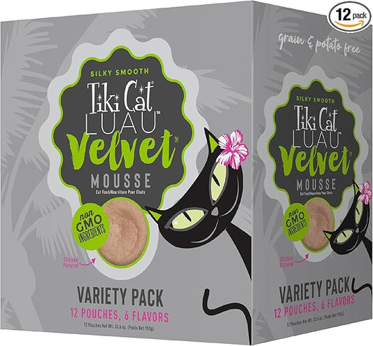 Tiki Cat Velvet Mousse, Protein Blend in Broth Variety Pack, Complete Nutrition for Balanced Diet, Wet Cat Food For All Life Stages, 2.8 oz. Pouch (Pack of 12)