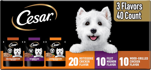 Cesar Filets in Gravy Wet Dog Food Rotisserie Chicken Flavor, Filet Mignon Flavor, and Wood-Grilled Chicken Variety Pack, Wet Food for Dogs, 1.76 oz. Mini-Pouches, 40 Count