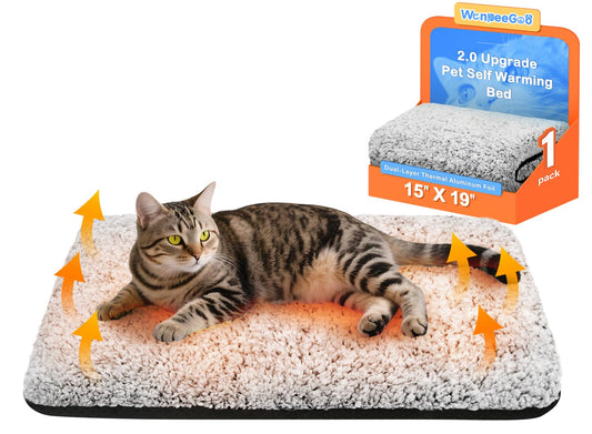 Self Warming Cat Bed, Heated Cat Bed, 2.0 Upgraded Thermal Foil Heating Pad, Plush Self-Heating Pet Mat for Crate, Floor, with Removable Washable Cover, Non-Slip, 15"x19"