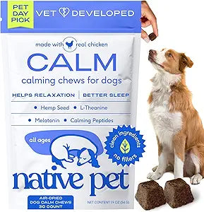 Native Pet Calming Chews for Dogs - Promotes Calming Effect, Supports Emotional Balance & Reduces Hyperactivity - Hemp Seed, Melatonin for Dogs, L-Theanine & Casein - 30 Chews