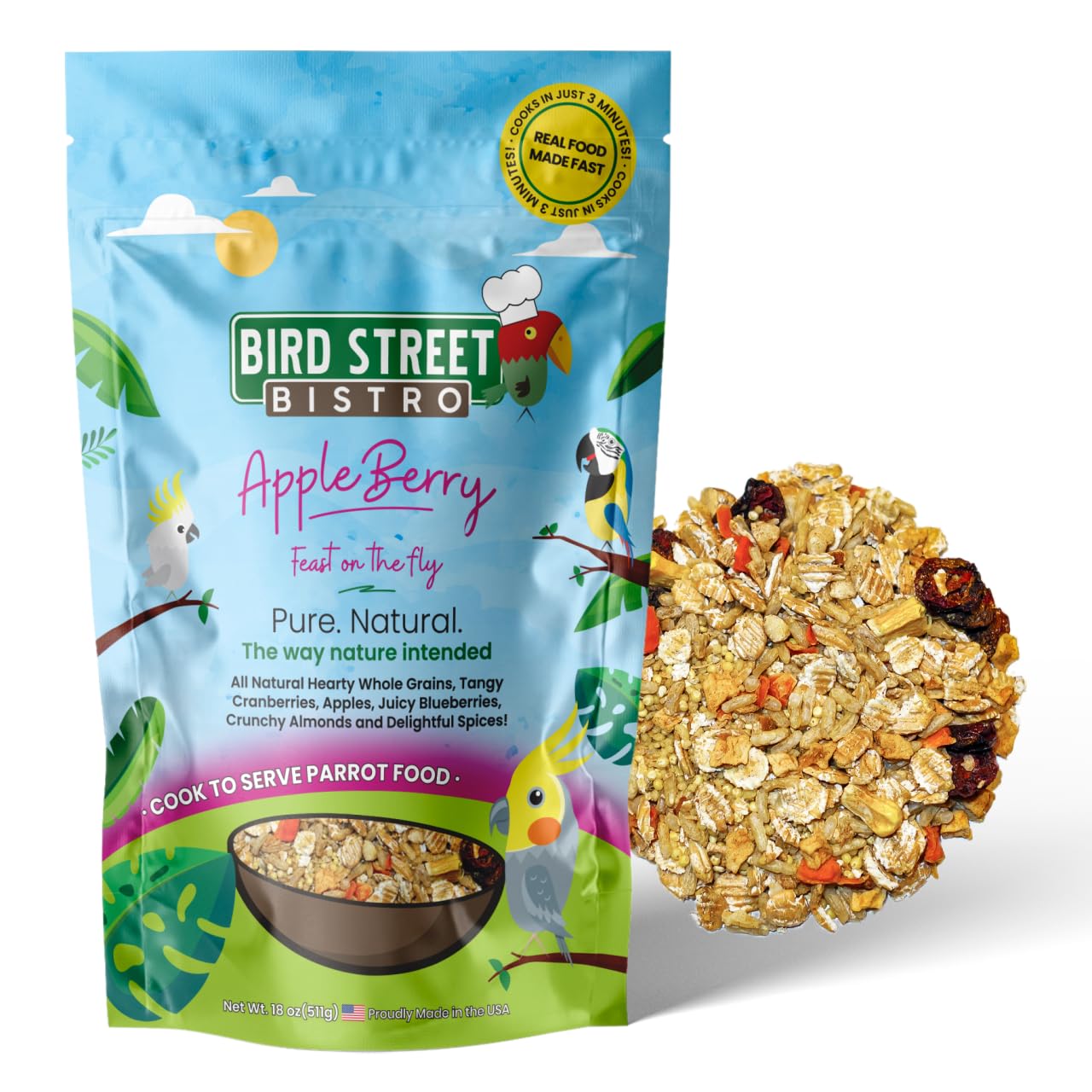 Bird Street Bistro Parrot Food - Parakeet & Cockatiel Food - Cooks in 3-15 min w/Natural & Grains, Legumes, Non-GMO Fruits, Vegetables & Healthy Spices