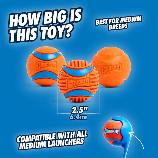 Chuckit! Dog Balls - Interactive Dog Toys, High-Bounce Fetch Ball, Ultra and Rugged Balls, Durable - Size Medium, 2.5-inch Diameter, Set of 3
