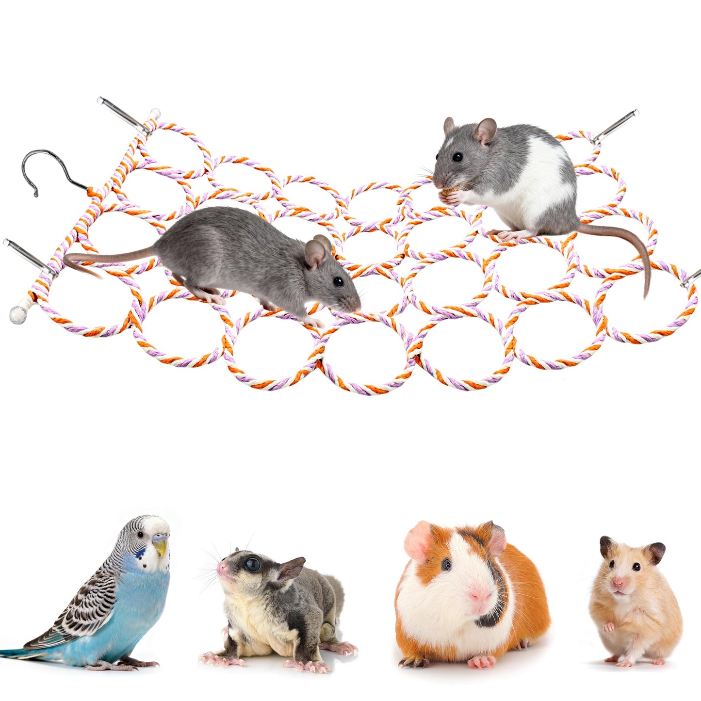 1Pcs Rat Climbing Rope Net Toy for Cage, Bird Hemp Rope Perch Swing, Ladder Rope Bridge Hanging Hammock, Small Animal Activity Toy for Mouse, Mice, Parrot, Bird (Random Color)