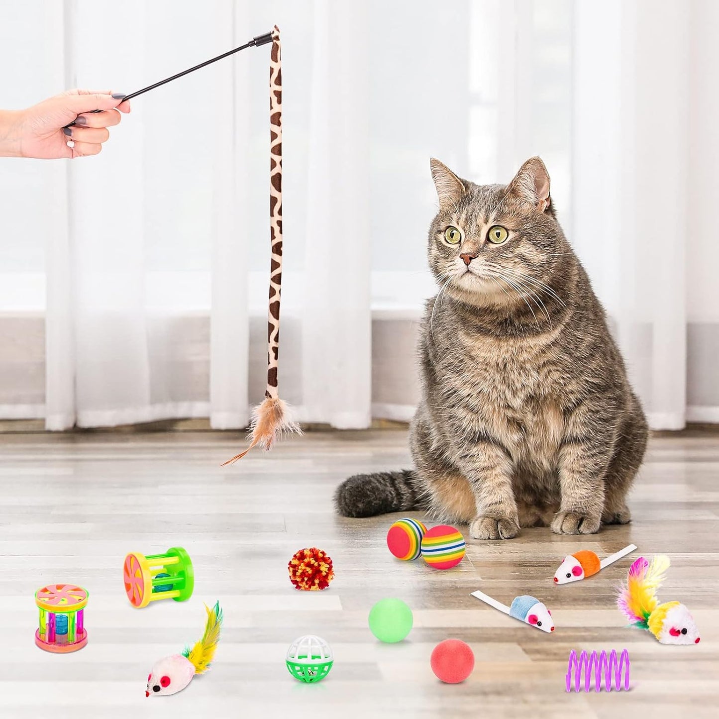 Retro Shaw Cat Toys Pack 33Pcs, Interactive Kitten Toys for Indoor Cats Kitty with Collapsible Play Tunnel Tube Tent Feather Wand Teaser Bell Fuzzy Ball Springs Mouse Toy