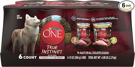 Purina ONE True Instinct Tender Cuts in Gravy with Real Turkey and Venison, and with Real Chicken and Duck High Protein Wet Dog Food Variety Pack - (Pack of 6) 13 Oz. Cans
