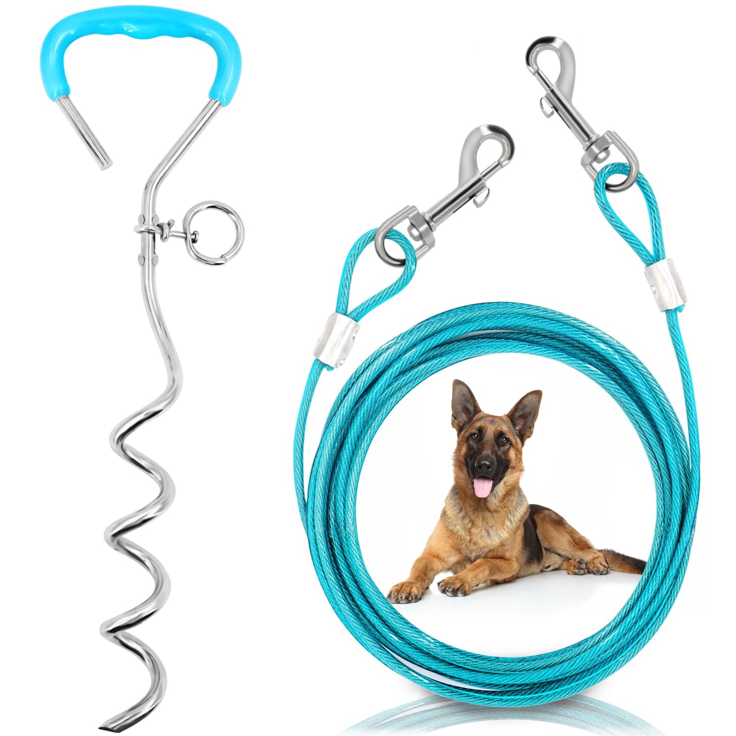 Supet Dog Tie Out Cable and Stake, Heavy Duty Runner with 32/16/10 FT Lead, Long Leash/Tether for Camping Backyard Outdoor Ground, Chain for Medium