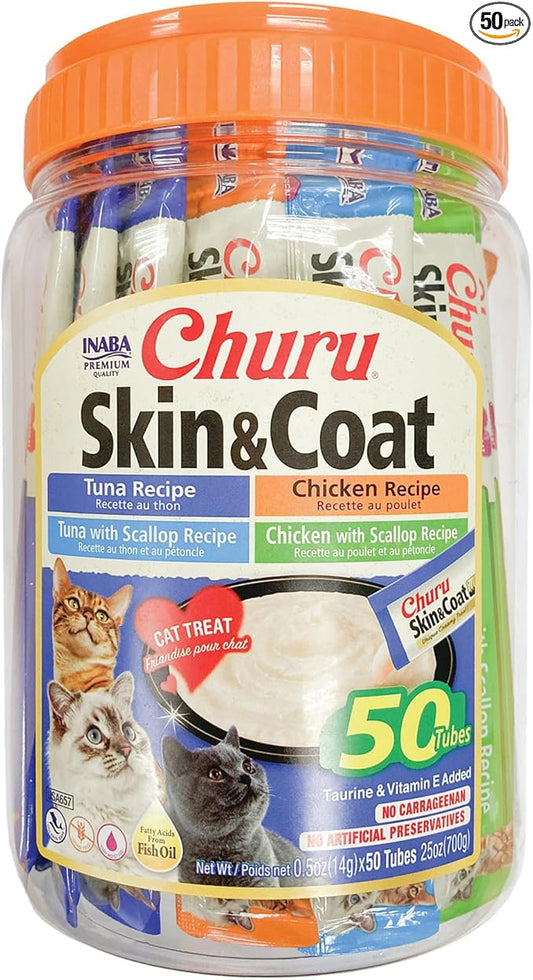 INABA Churu for Skin & Coat, Lickable, Squeezable Cat Treat with Omega Oils, Taurine and Vitamin E, 0.5 Ounces Each Tube, 50 Tubes, Skin & Coat Variety