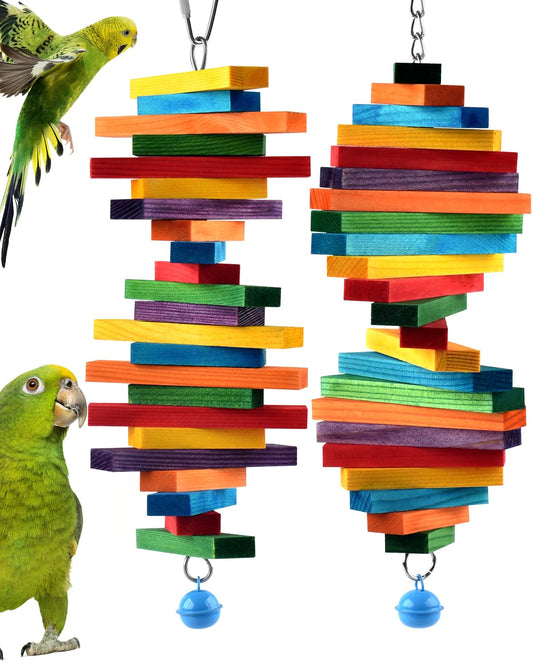 Bissap 2 PCS Bird Chew Toys, Multicolored Bagel Cascade Bird Parrot Chewing Sticks Biting Wooden Blocks Toy for Small Medium Conure Parakeet Cockatiels Lovebird Similar Sized Pet Birds