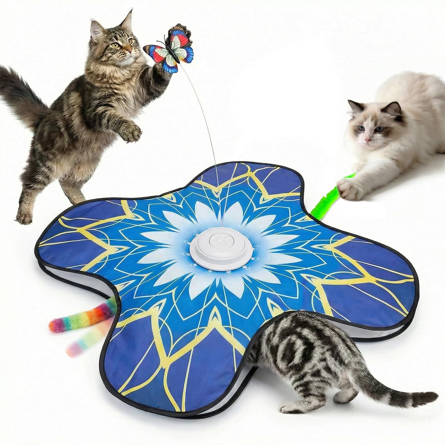Interactive Cat Toy for Indoor Cats, Touch Activated Automatic Electronic Cat Toy with Sound On/Off, Dual Wands, Non-Slip Suction Cups, Rechargeable