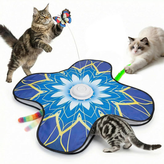 Interactive Cat Toy for Indoor Cats, Touch Activated Automatic Electronic Cat Toy with Sound On/Off, Dual Wands, Non-Slip Suction Cups, Rechargeable