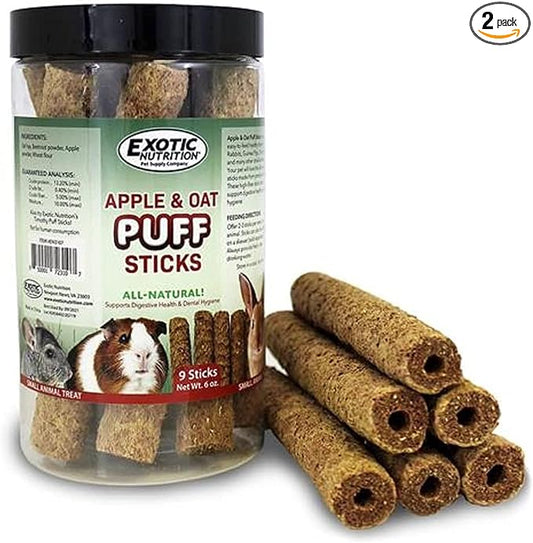 Apple & Oat Puff Sticks (6 oz.) - Healthy Natural High Fiber Chew Treat Made with Oat Hay - Rabbits, Guinea Pigs, Hamsters, Chinchillas, Degus, Prairie Dogs, Squirrels, Skunks, Opossums, Small Pets