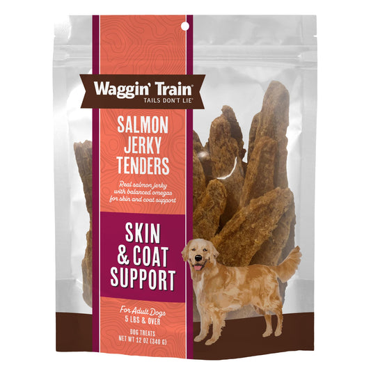 Waggin' Train Salmon Jerky Dog Treats for Skin and Coat Support, Made with 100% Real Salmon, No Grains and No Artificial Flavors or Colors, High Protein Dog Treat, Easily Digestible, 12 oz. Pouch
