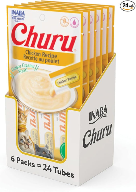 INABA Churu Cat Treats, Lickable, Squeezable Creamy Purée Cat Treat with Green Tea Extract & Taurine, 0.5 Ounces Each Tube, 24 Tubes (4 per Pack), Chicken Recipe