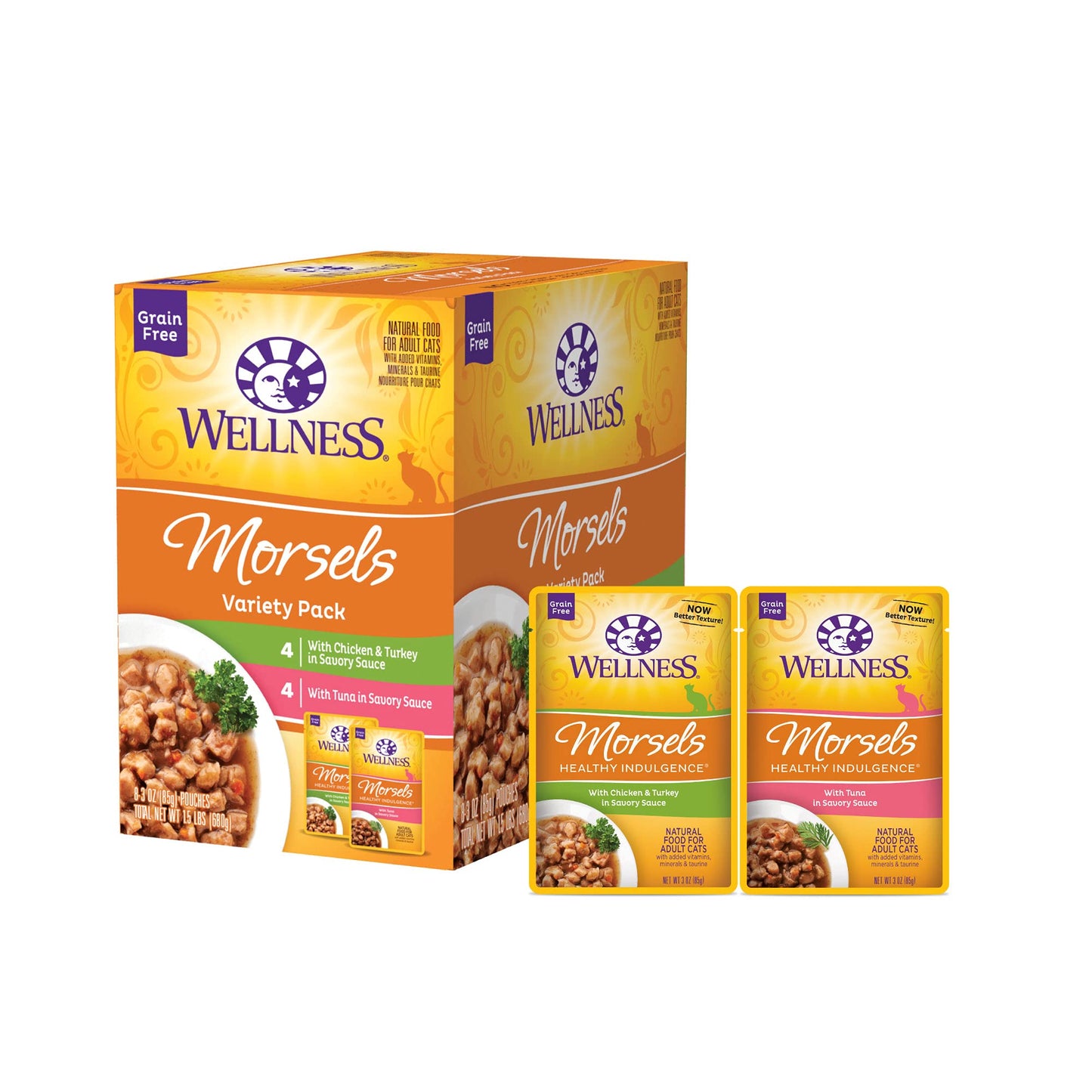 Wellness Healthy Indulgence Morsels Adult Wet Cat Food, Natural, Protein-Rich, Grain-Free, 3 Ounce Pouch, 8 Pack, (Morsels Variety Pack)
