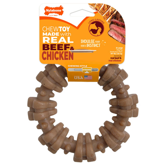 Nylabone Strong Chew Textured Ring Dog Toy Made with Real Beef & Chicken, Durable Chew Toys for Aggressive Chewers, Long Lasting Dog Bone, Keeps Dogs Busy, X-Large Breeds - 50+ lbs