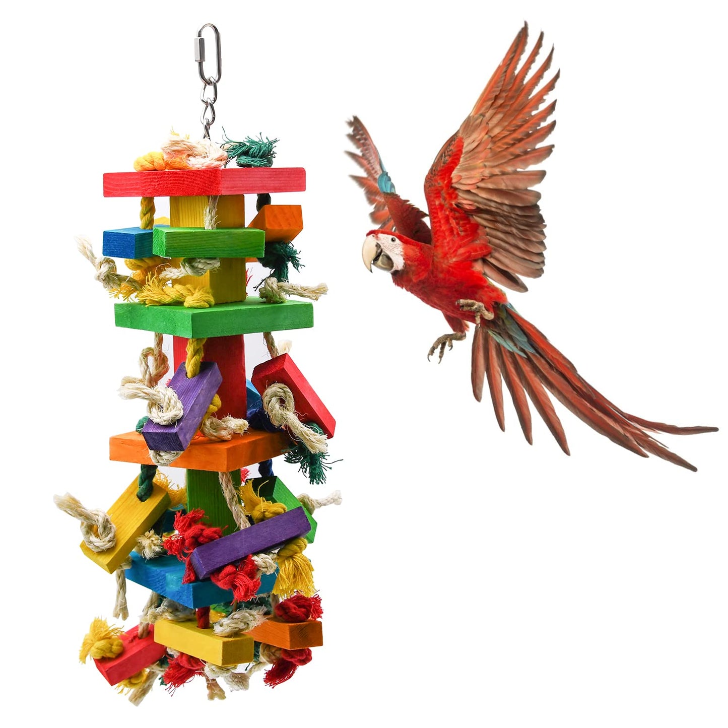 RUBY.Q Large Parrot Toy, 20in Bird Parrot Toy, Multicolored Natural Wooden Bird Chewing Toys for Large Macaws, African Grey and a Variety of  Parrots