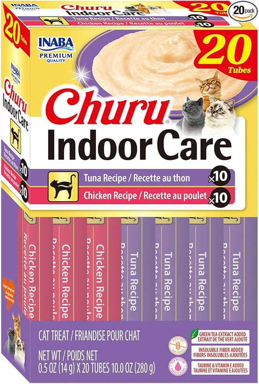 INABA Churu Indoor Care for Hairball Control, Functional Lickable Cat Treat with Taurine & Green Tea Extract, 0.5oz Each, 20 Tubes Total, Tuna & Chicken Variety