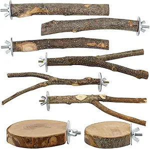 8-Piece Set Natural Wood Bird Perches - Wooden Parrot Stand with Fork Toys, Hanging Multi-Branch Platform, Hammock Swing - Suitable for Parakeets, Budgies - Durable Pet Bird Accessories