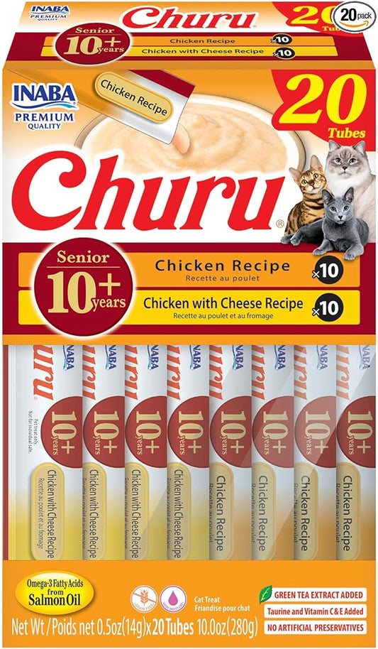 INABA Churu for Senior 10+, Creamy Lickable Cat Treats with Taurine, Vitamin E & C, 0.5 Ounces Each, 20 Tubes, Chicken Variety