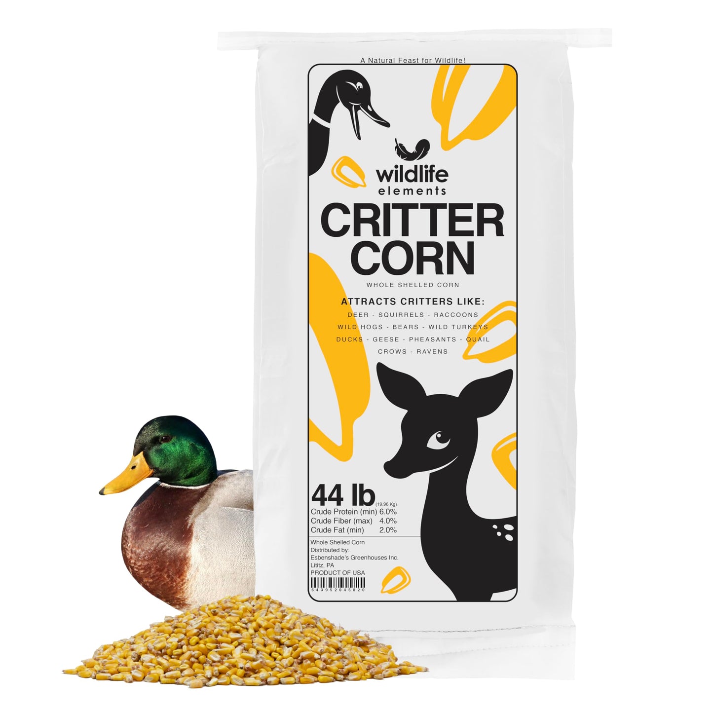 Wildlife Elements Critter Corn, Natural Whole Shelled Corn for Wildlife, 44lb Bag – High-Energy Feed for Deer, Squirrels, Turkeys, Ducks, Raccoons, and More – USA Sourced