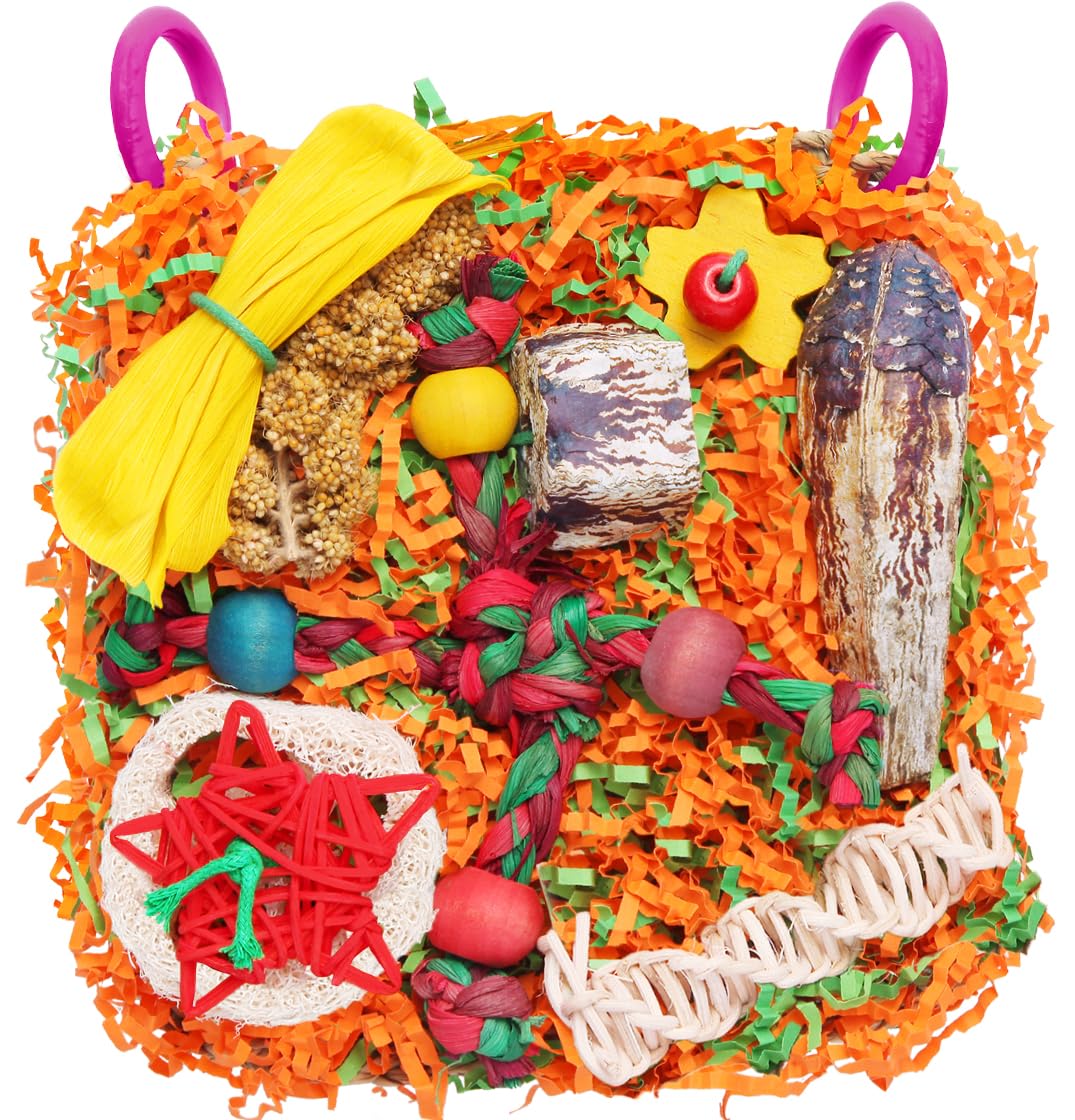 Bird Toys for Small & Medium Parrots - Natural Foraging & Shredding Cage Hanging Toys with Seagrass Mat, Starfruit, Loofah Slices for Budgies, Cockatiels, Lovebirds, Conures (1 PCS)