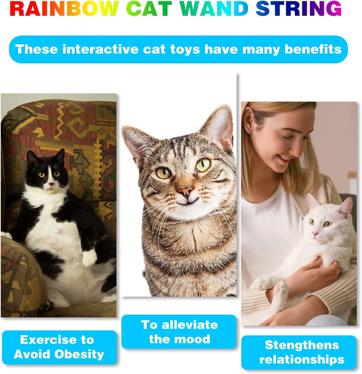 M JJYPET Cat Wand Toys Interactive Kitten Toys for Indoor Cats Colorful Teaser Wand String for Exercise Kitten Stick Kitty Rope Toy Rainbow Ribbon Cat Charmer -2Pcs