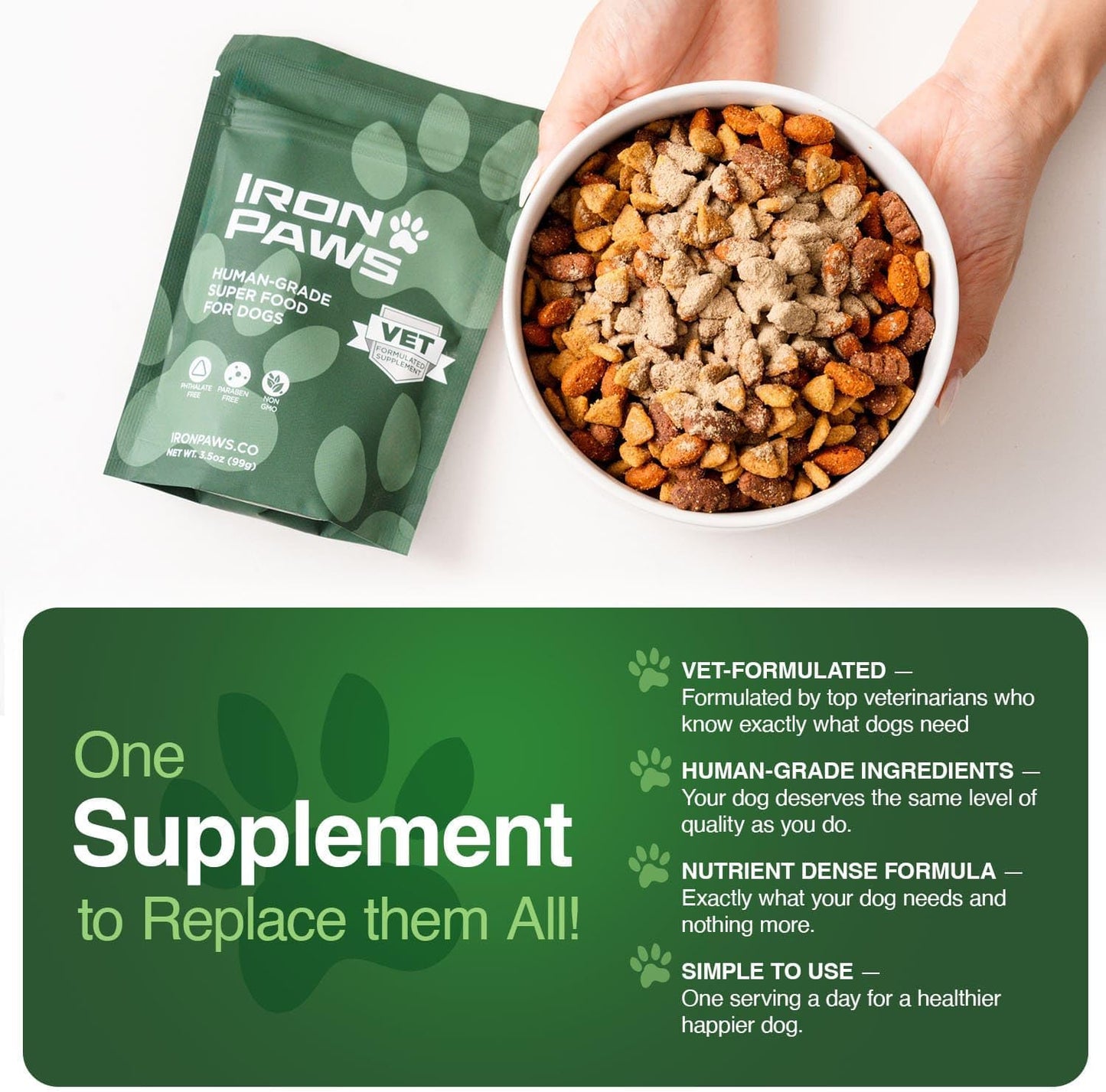 Iron Paws Human-Grade Superfood For Dogs, Premium Greens Powder Supplement For Dental Health, Longevity, Hip & Joint, Gut Health, Allergies, Immune
