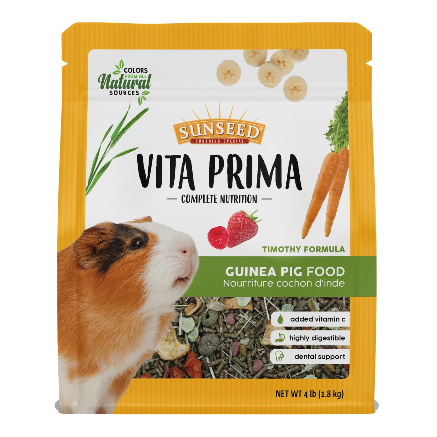 Sunseed Vita Prima Guinea Pig Food 4 lbs. with Timothy Hay, Alfalfa, Vegetables, Seeds Grains, and Added Vitamin C for Wholesome Daily Nutrition and Enriched Small Animal Diet