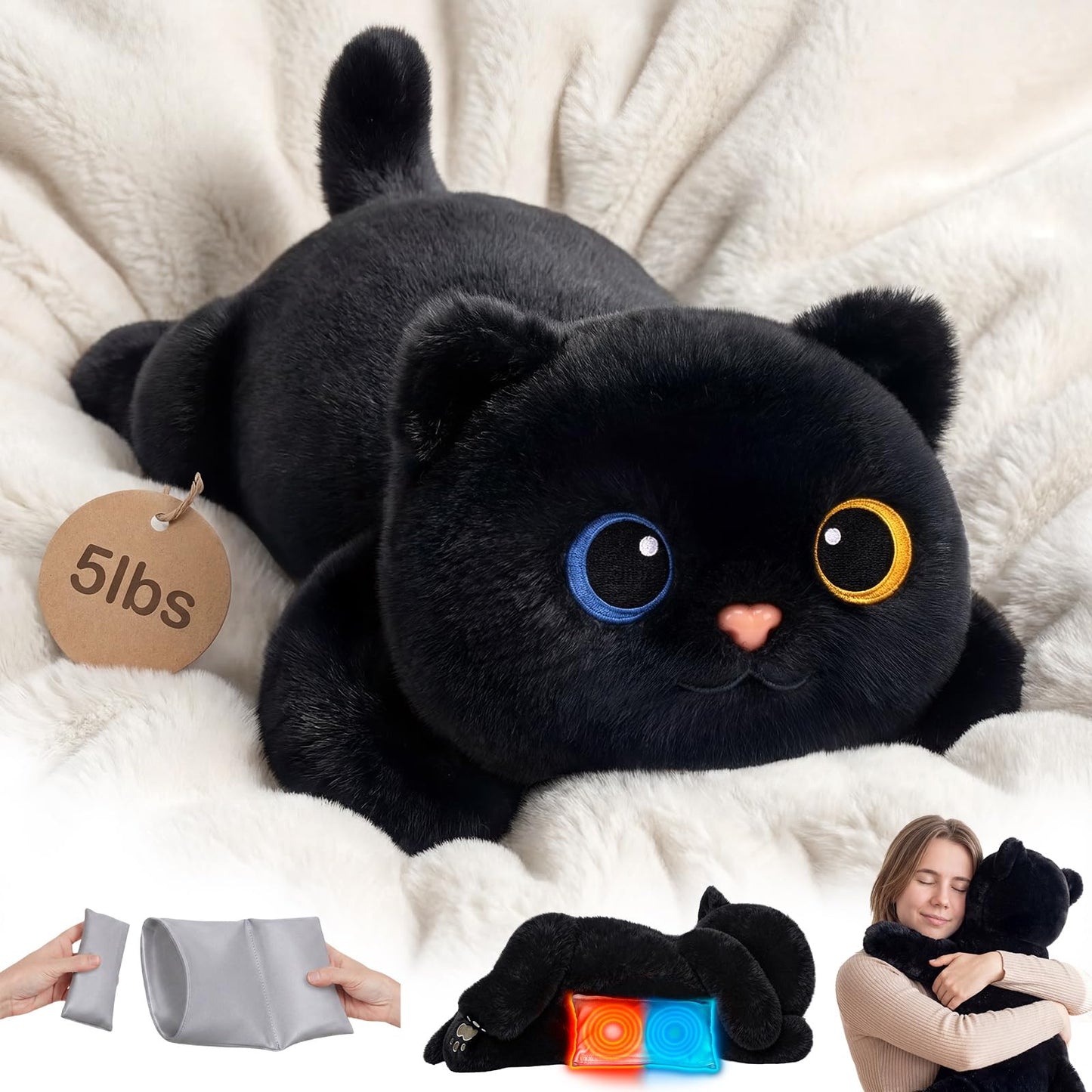 Mewaii Weighted Stuffed Animals 5 lbs Adjustable, Heated & Coolable 23 Inch Plush for Realistic Hug, Microwavable Removable Inner Pad, Cat Gifts for