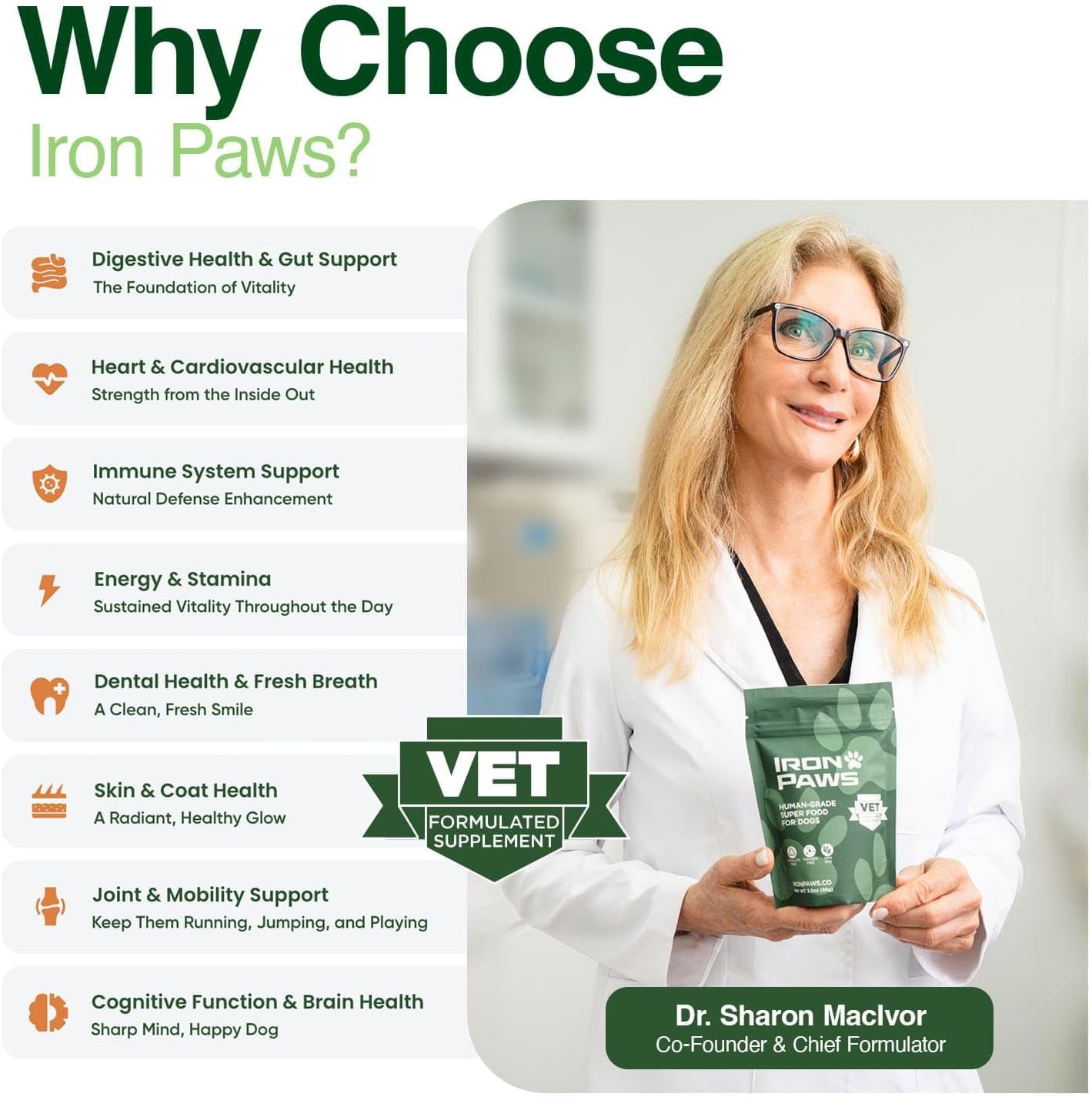 Iron Paws Human-Grade Superfood For Dogs, Premium Greens Powder Supplement For Dental Health, Longevity, Hip & Joint, Gut Health, Allergies, Immune