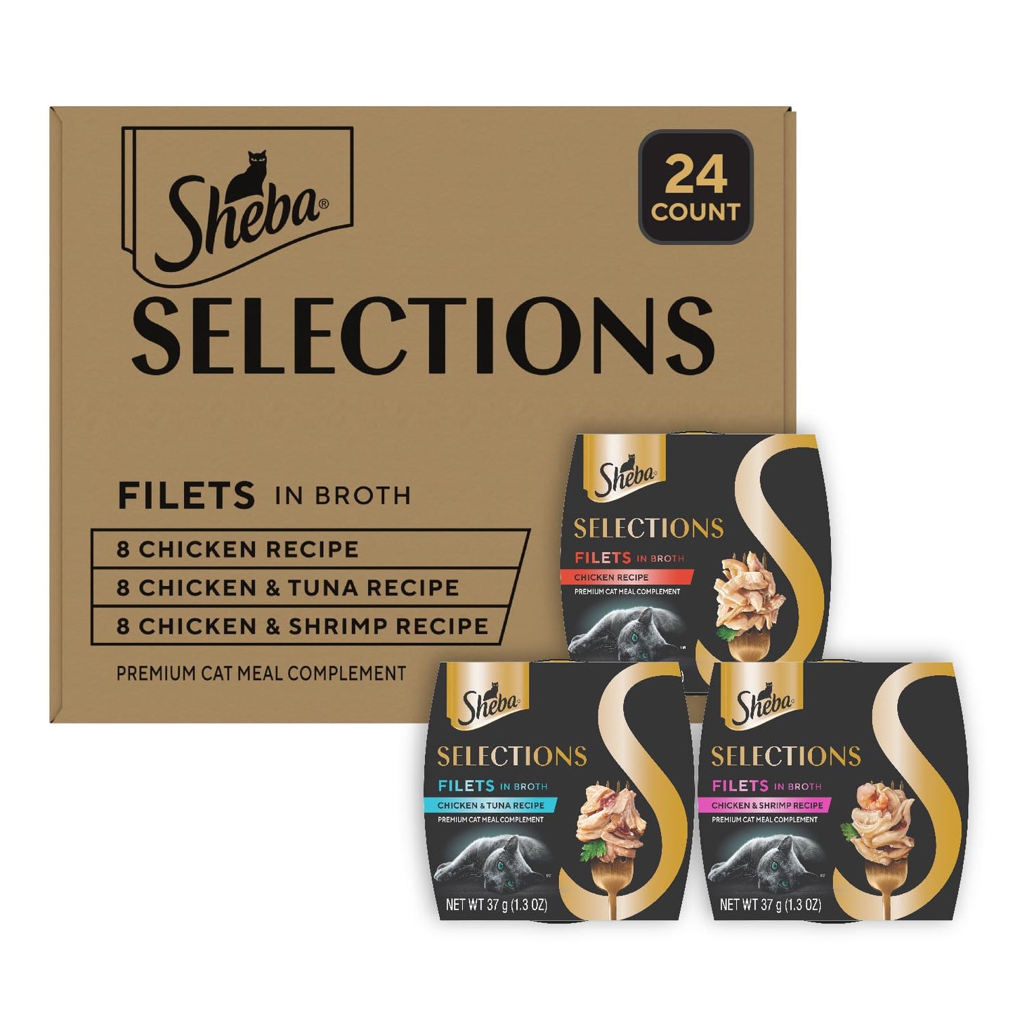 Sheba Selections Filets in Broth, Adult Cat Food Wet Recipe, Meal Complement, Wet Cat Food Variety Pack, Chicken, Chicken & Tuna, or Chicken & Shrimp Recipe, 1.3 oz. Cups, 24 Count