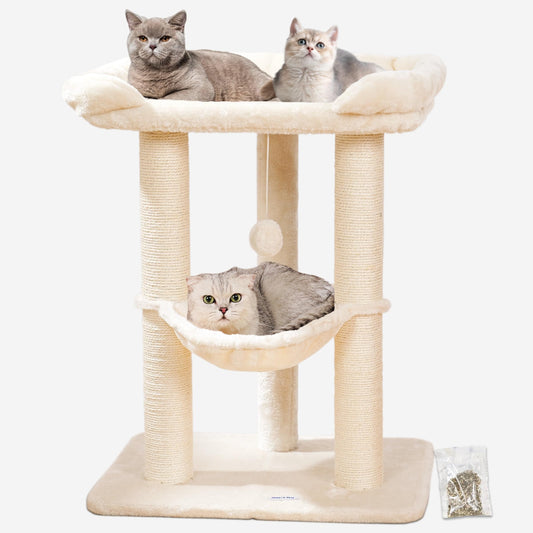 Happi N Pets 28" Cat Tree Tower, Tall Cat Scratching Post with Soft Perch for Window Viewing, Large Bed for Big Cats, Stable & Compact Cat Tower with Hammock, Removable Cover-Beige