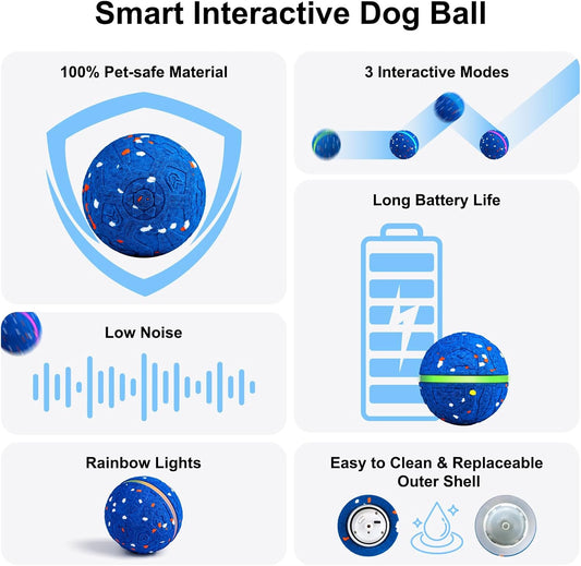 Interactive Dog Toys Dog Ball, Durable E-TPU Material,3 Play Modes with Colorful Lights, Automatic Moving, Bouncing and Rotating for Medium and Large Dogs Indoor & Outdoor (Blue)