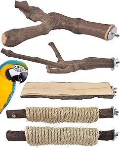 Bissap 5PCS Large Bird Perch Stand, Natural Wood Pole Standing Paw Grinding Fork Parrot Cage Branch with Rope for Macaw African Grey  Pet Medium Large Birds Cage Accessories