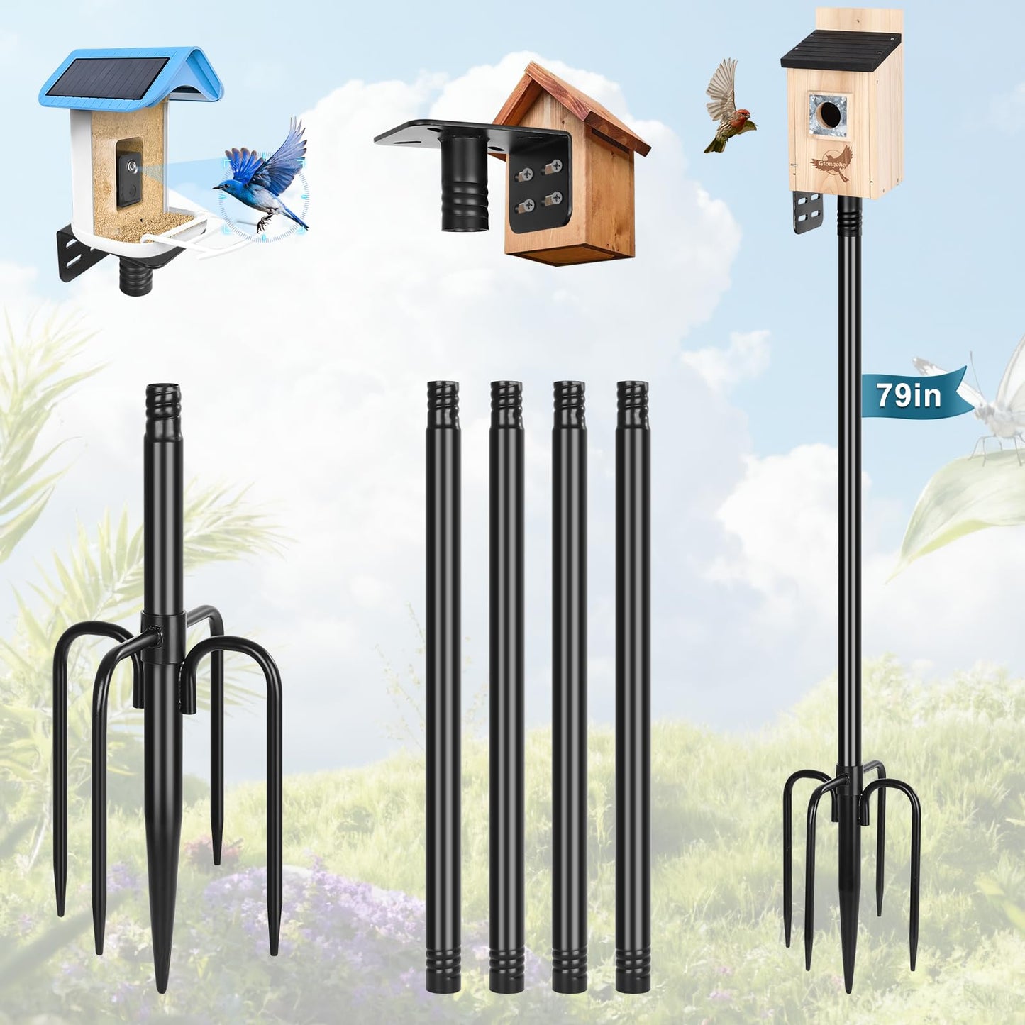 Gtongoko Smart Bird Feeder Pole 1-Inch Dia 79 Inch Bluebird House Pole for Outdoors Weather Station Heavy Duty Metal Mounting Kit Adjustable Bird Feeder Stand Black