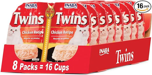 INABA Twins for Cats, Shredded Chicken & Broth Gelée Side Dish/Topper Cups with Green Tea Extract, 1.23 Ounces per Serving, 16 Servings, Chicken