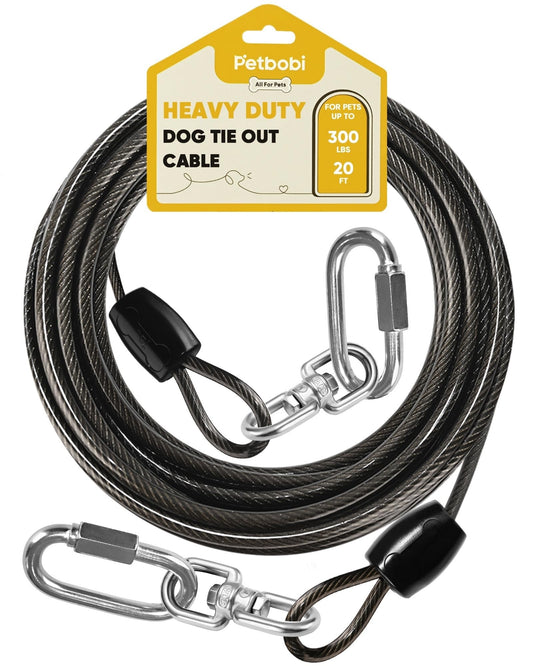 Petbobi Heavy-Duty Dog Tie-Out Cable - 20FT Extra Strong Wire Cable for Large Pets Up to 300Lbs, Rust Proof Dogs Leash with Carabiners and 360°