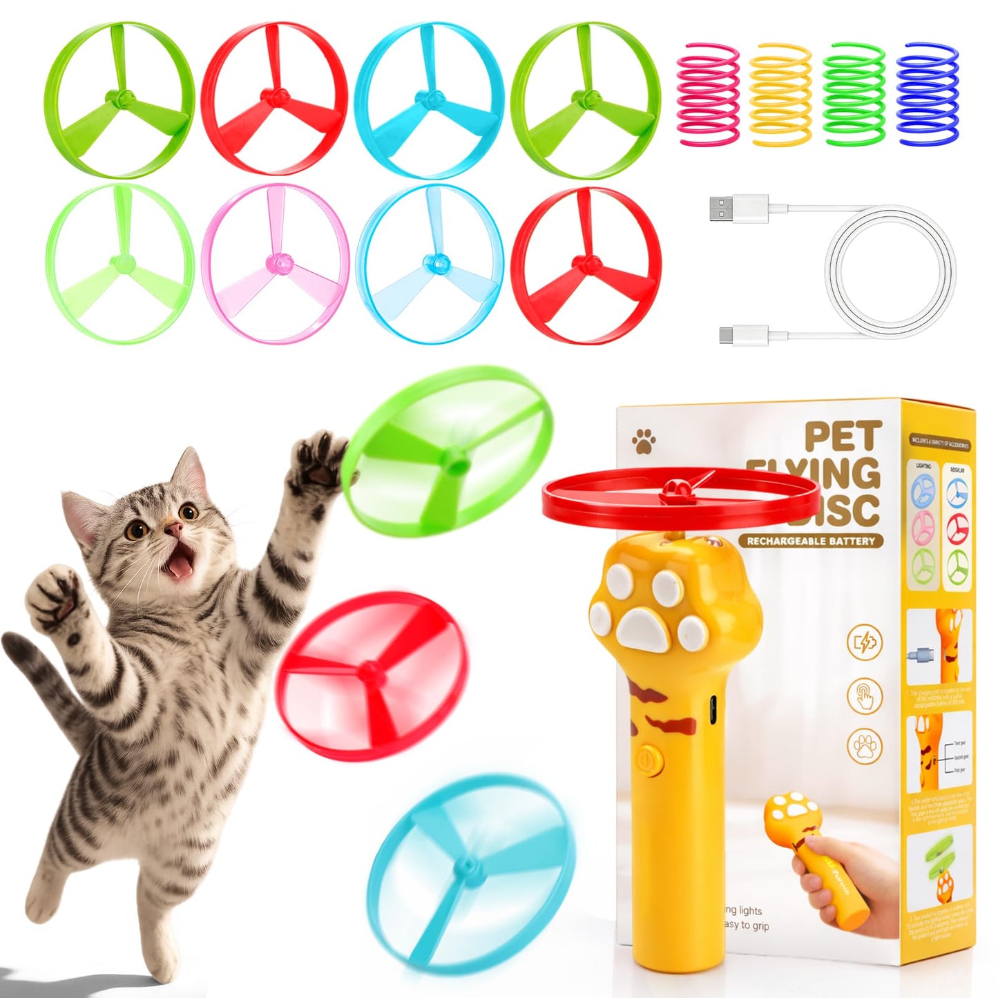 BABORUI Cat Toy Disc Launcher, Rechargeable Interactive Cat Fetch Toy Launcher with 8 Flying Discs, Flying Enrichment Toys for Indoor Bored Kittens & Adult Cats (Yellow)