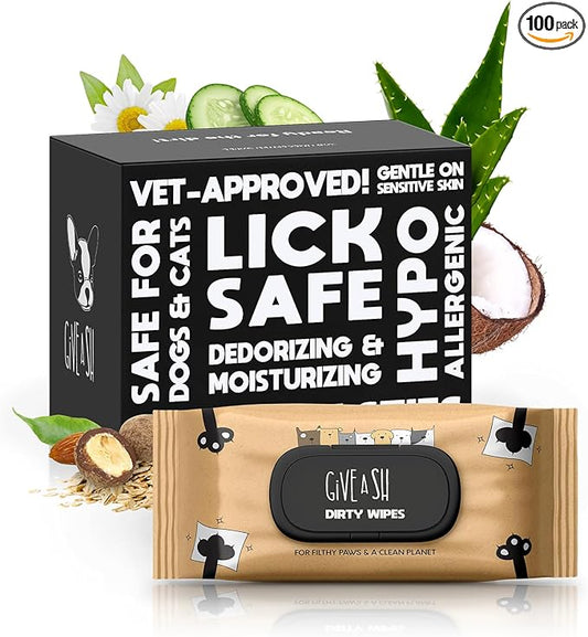 Lick-Safe Daily Pet Wipes for Dogs & Cats - Vet-Approved & Hypoallergenic - Cleans Mud, Odor & Dander - Wipes for Paws, Face & Butt - 10% to Charity - Earth-Friendly & Unscented Cleaning - Pack of 100