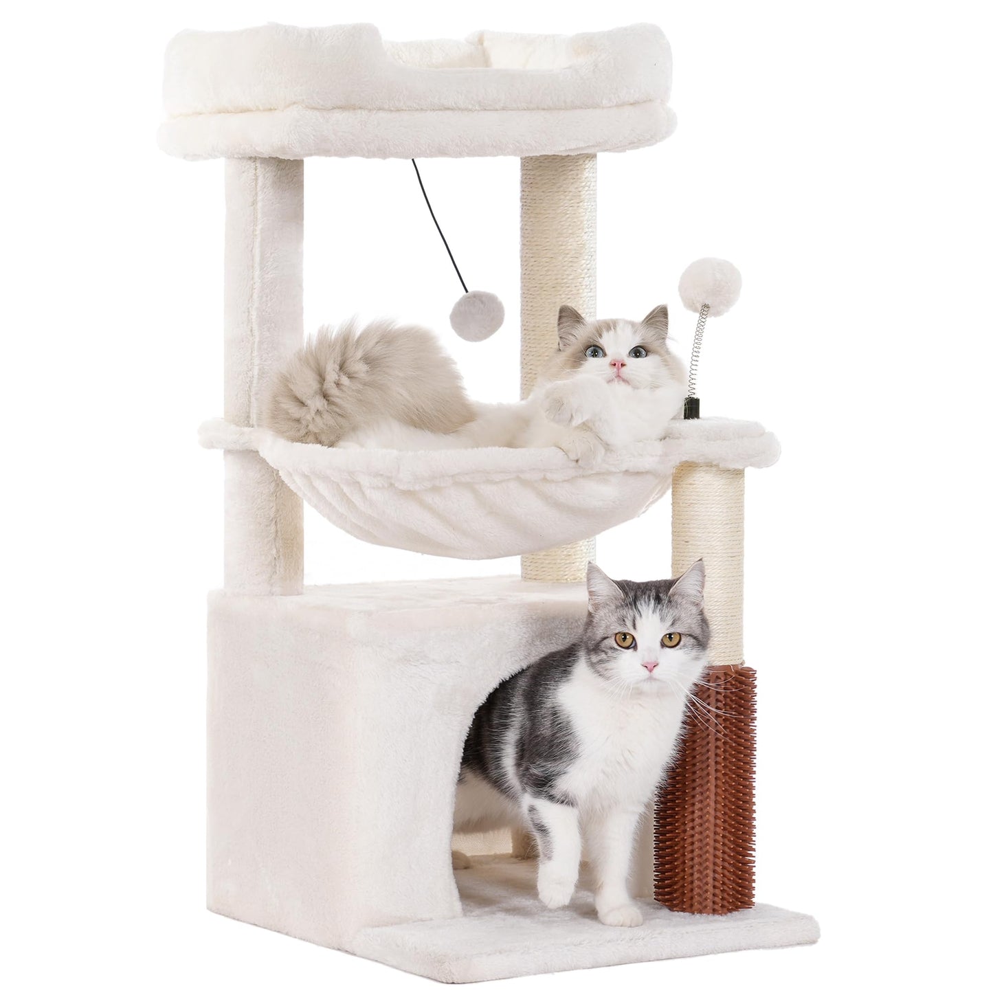 Cat Tree 32 Inches Small Cat Tree for Large Cats Adult Cat Tower with Scratching Post,15.7”Large Hammock and Self Groomer, and Removable Top Perch and Wide Condo for Indoor Cats-Beige