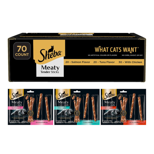 Sheba Meaty Tender Sticks Cat Treats Chicken, Tuna Flavor, or Salmon Flavor, 0.14 oz., 70 Count