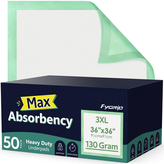 50 Count Hospital Grade 130 Gram 36” x 36” Max Absorbency Disposable Underpads, Leakproof Quick Drying XXXL Bed Pads Disposable for Adults, Kids, Pets Incontinence Pads, Pee Pads