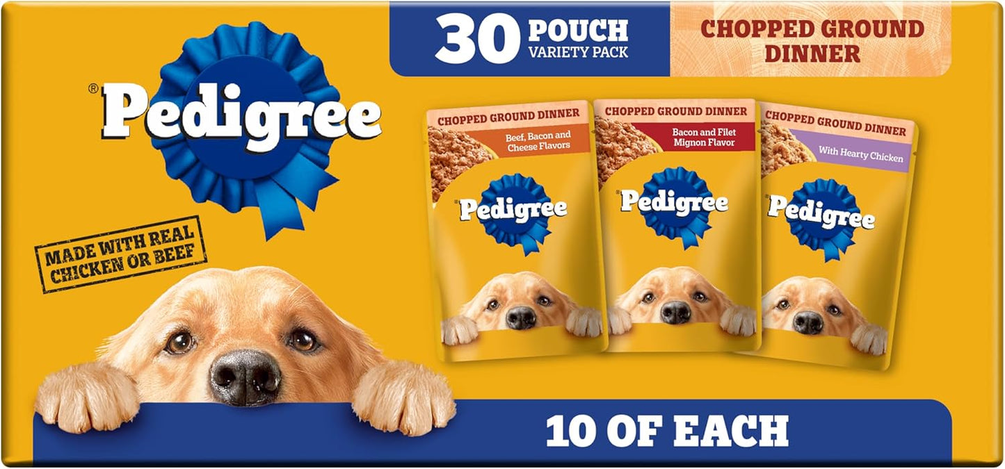 Pedigree Chopped Ground Dinner Wet Dog Food Beef & Bacon Variety Pack, (30) 3.5 oz. Pouches