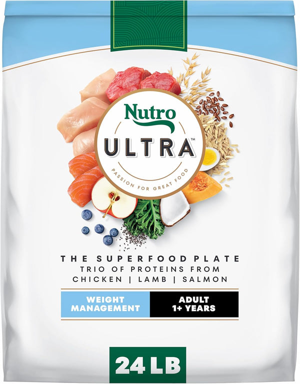 Nutro Ultra Adult Weight Management Dry Dog Food, Chicken, Lamb and Salmon Protein Trio, 24 lb Bag