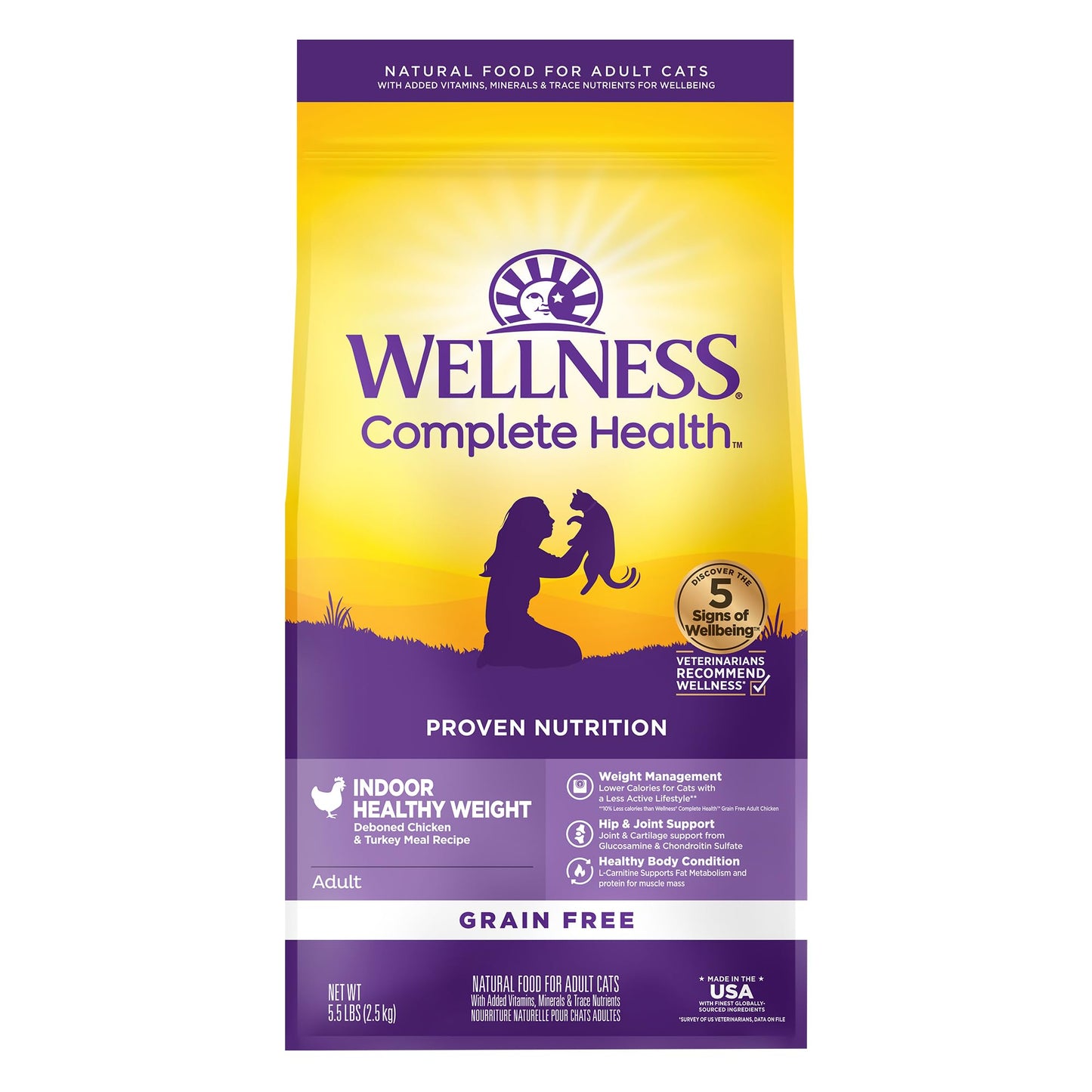 Wellness Complete Health Adult Dry Cat Food for Indoor Cats, Grain Free, Natural, Healthy Weight Chicken & Turkey Meal (5.5 Pound Bag)