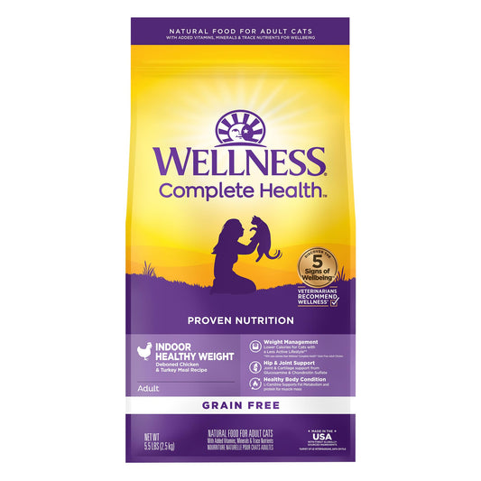 Wellness Complete Health Adult Dry Cat Food for Indoor Cats, Grain Free, Natural, Healthy Weight Chicken & Turkey Meal (5.5 Pound Bag)