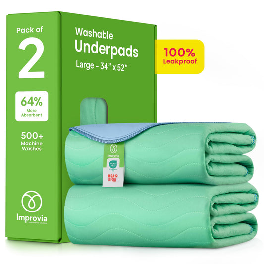 IMPROVIA® Washable Underpads, 34" x 52" (Pack of 2) - Heavy Absorbency Reusable Incontinence Pads for Kids, Adults, Elderly, and Pets - Waterproof